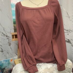 Women’s Square Neck Waffle Knit Long Sleeve Top - Mauve